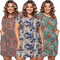 Kit 3 Vestido Plus Size Básico com Bolso Estampado Versátil