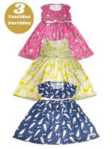 Kit 3 Vestidos com Cinto Infantil Menina Juvenil Verão Meia Malha Confortável Estampado Criança Kit 3 Vestidos com Cinto Infantil Menina Juvenil Verão Meia Malha Confortável Estampado Criança