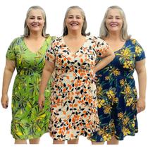 Kit 3 Vestidos Estampados Plus Size Manga Curta Midi Gola V Frente Dupla Kit 3 Vestidos Estampados Plus Size Manga Curta Midi Gola V Frente Dupla