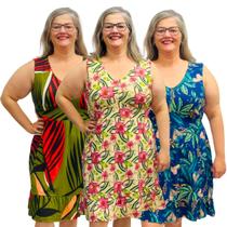 Kit 3 Vestidos Estampados Plus Size Regata Midi Gola V Frente Forrada Moda Verão Kit 3 Vestidos Estampados Plus Size Regata Midi Gola V Frente Forrada Moda Verão