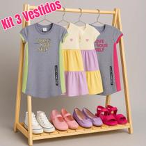 Kit 3 Vestidos Infantil Menina Sortidos 4 6 8 anos Algodão Kit 3 Vestidos Infantil Menina Sortidos 4 6 8 anos Algodão