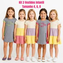 Kit 3 Vestidos Infantil Menina Sortidos Verão 4, 6, 8, anos T-shirt 3 Marias 100% Algodão Leve Kit 3 Vestidos Infantil Menina Sortidos Verão 4, 6, 8, anos T-shirt 3 Marias 100% Algodão Leve