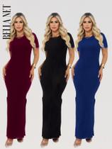 KIT 3 Vestidos Longos com Fenda Lateral Manga Confortável Canelado Premium Elegante - bordô - P KIT 3 Vestidos Longos com Fenda Lateral Manga Confortável Canelado Premium Elegante - bordô - P