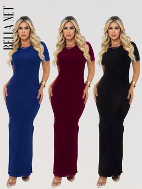 KIT 3 Vestidos Longos com Fendas Lindo Manguinha e Gola Redonda Canelado Moda Gringa - Cinza Claro - P - Bella Net KIT 3 Vestidos Longos com Fendas Lindo Manguinha e Gola Redonda Canelado Moda Gringa - Cinza Claro - P - Bella Net