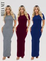 KIT 3 Vestidos Longos com Fendas Lindo Manguinha e Gola Redonda Canelado Moda Gringa - Cinza Claro - P