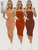 KIT 3 Vestidos Midi Colado Tubinho sem alça Anarruga Sem Bojo Lindas Cores - Laranja Queimado - M