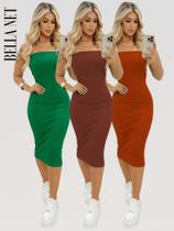 KIT 3 Vestidos Midi Colado Tubinho sem alça Anarruga Sem Bojo Lindas Cores - Marrom - M