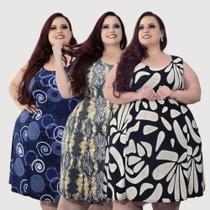 KIT 3 Vestidos Regata Liganete Plus Size Estampas Sortidas Moda Feminina até G4 G5