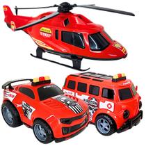 Kit 3 viatura carrinho bombeiro helicoptero van brinquedo carro resgate menino presente divertido