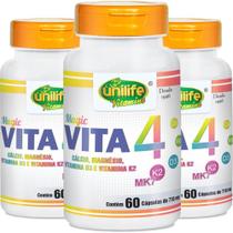 Kit 3 Vita 4 Cálcio Magnésio Vitamina D e K2 Unilife 60 Cápsulas