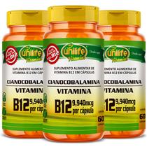 KIT 3 VITAMINA B12 CIANOCOBALAMINA 60 Cáps 450mg UNILIFE KIT 3 VITAMINA B12 CIANOCOBALAMINA 60 Cáps 450mg UNILIFE