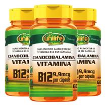 Kit 3 Vitamina B12 Cianocobalamina, total de 180 Cápsulas 450mg Vegano - Unilife