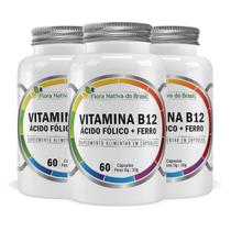Kit 3 Vitamina B12 com Ácido Fólico e Ferro 60 Cápsulas Flora Nativa