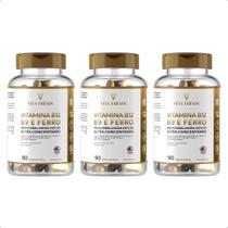Kit 3 Vitamina B12 Metilcobalamina Ácido Fólico Ferro 90 Cáp