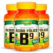 Kit 3 Vitamina B9 Ácido Fólico 60 Cápsulas Unilife
