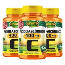 Kit 3 Vitamina C Ácido Ascórbico Unilife 120 Caps Veganas