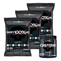 Kit 3 Whey Protein Chocolate 900g + Creatina 100% Monohidratada 300g Black Skull