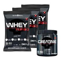 Kit 3 Whey Protein Turbo Chocolate 907g + Creatina 100% Monohidratada 300g Black Skull