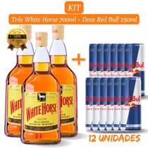 Kit 3 Whisky White Horse 700ml com 12 unidades de Energético RedBull de 250ml