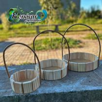 Kit 30 Cestas de Madeira Fraldeira com Alça de Vime10Un 14cm +10Un 18cm+10Un 23cm Redondas Presente