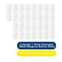 Kit 30 Conjunto 1 Tecla Interruptor Simples 10A 250V Embutir Sleek Margirius Branco Brilho