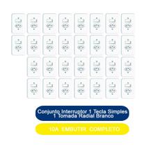 Kit 30 Conjunto Interruptor 1 Tecla Simples 1 Tomada 10A Embutir Radial Branco Completo
