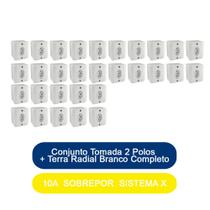 Kit 30 Conjunto Tomada 2 Polos + Terra 10A Sobrepor Sistema X Radial Branco Completo