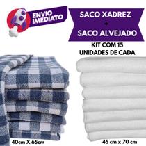 Kit 30 Sacos: 15 Saco Alvejado Branco E 15 Saco Xadrez Duplo Resistente Algodão Limpeza Faxina Kit 30 Sacos: 15 Saco Alvejado Branco E 15 Saco Xadrez Duplo Resistente Algodão Limpeza Faxina