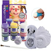 Kit 30 Stencil Pintura facial Rosto Pele + 6 Tintas Pincel Glitter