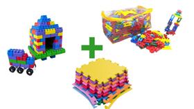 Kit 300 peças de multi blocos para montar infantil + 6 tatames 50x50 coloridos antiderrapantes + 300 peçinhas de lig bar