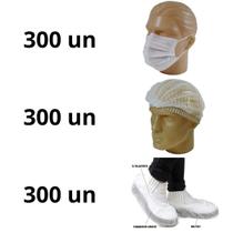 kit 300 Propé 300 toucas 300 máscaras TNT branco descartável
