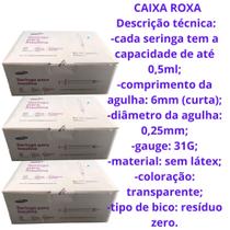 KIT 300 Seringa Ultra Fina 0,5ml 6mm X 0,25mm 3 Caixas C/ 100 Unidades Agulha fixa