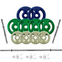 Kit 30Kg Anilhas Emborrachadas com Barras de 40cm e 1,20m