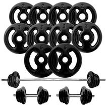 Kit 30kg Anilhas Emborrachadas Pretas com Barras de 40cm e 1,20
