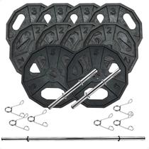 Kit 30Kg de Anilhas Dectagonal Ferro Fundido e Barras com Presilhas