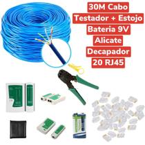 Kit 30m Cabo Rede AZ +20 Rj45 + Alicate + Testador Cabo+Bateria