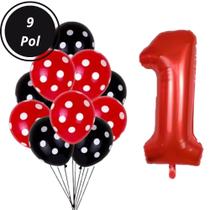 Kit 31 Peças, Balões Látex Bexigas Bolinhas Branco Com Preto e Vermelho + Balão Número Vermelho de 75 cm - Aniversário