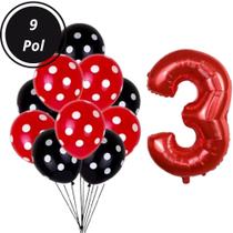 Kit 31 Peças, Balões Látex Bexigas Bolinhas Branco Com Preto e Vermelho + Balão Número Vermelho de 75 cm - Aniversário