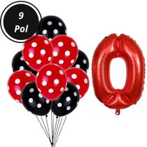 Kit 31 Peças, Balões Látex Bexigas Bolinhas Branco Com Preto e Vermelho + Balão Número Vermelho de 75 cm - Aniversário