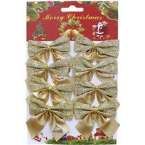 Kit 32 Enfeite Árvore Natal Laço Lacinho Gliter Dourado 6cm