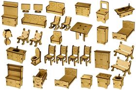 Kit 32 Mini Móveis p/ Casinha De Boneca Polly Mdf Madeira Crua