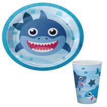 Kit 32 Pratos 32 Copos de Papel Festa Aniversário Tubarão