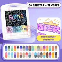 Kit 36 Caneta Marcador Brush Metálica com Glitter Ponta Dupla Lettering Pincel Colorida