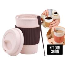 Kit 36 Copos de Café e Chá 450ml com Tampa Mexedor Fibra de Bambu PP Sortido Lyor