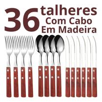 Kit 36 Peças Faqueiro Conjunto de Garfos Facas Colheres com Cabo em Madeira Casa Restaurante Bar