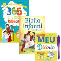 Kit 365 Atividades Bíblicas + Bíblia Infantil Letra Grande Capa Dura Almofadada + Livro Meu Diário - Segredos com Je