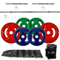 Kit 36Kg em Anilhas com 3 Barras de Tubo e 2 Caneleiras 5Kg Kit 36Kg em Anilhas com 3 Barras de Tubo e 2 Caneleiras 5Kg