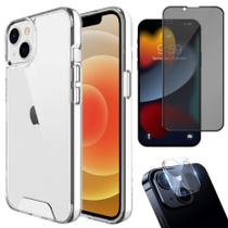 Kit 3em1 Compatível iPhone 14 ao 14 Pro Max - Capa Clear Space + Película 3D Privacidade + P. Câmera