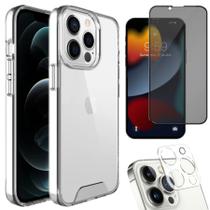 Kit 3em1 Compatível iPhone 14 ao 14 Pro Max - Capa Clear Space + Película 3D Privacidade + P. Câmera