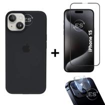 Kit 3em1 Linha Premium Para iPhone 15 - Capa Case + Película 3D Tela + Película De Proteção Câmera